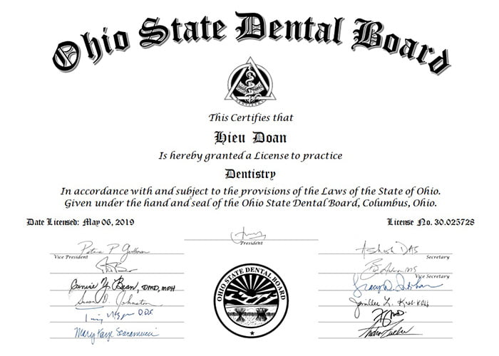 License Ohio State Dental Board- Hieu Doan